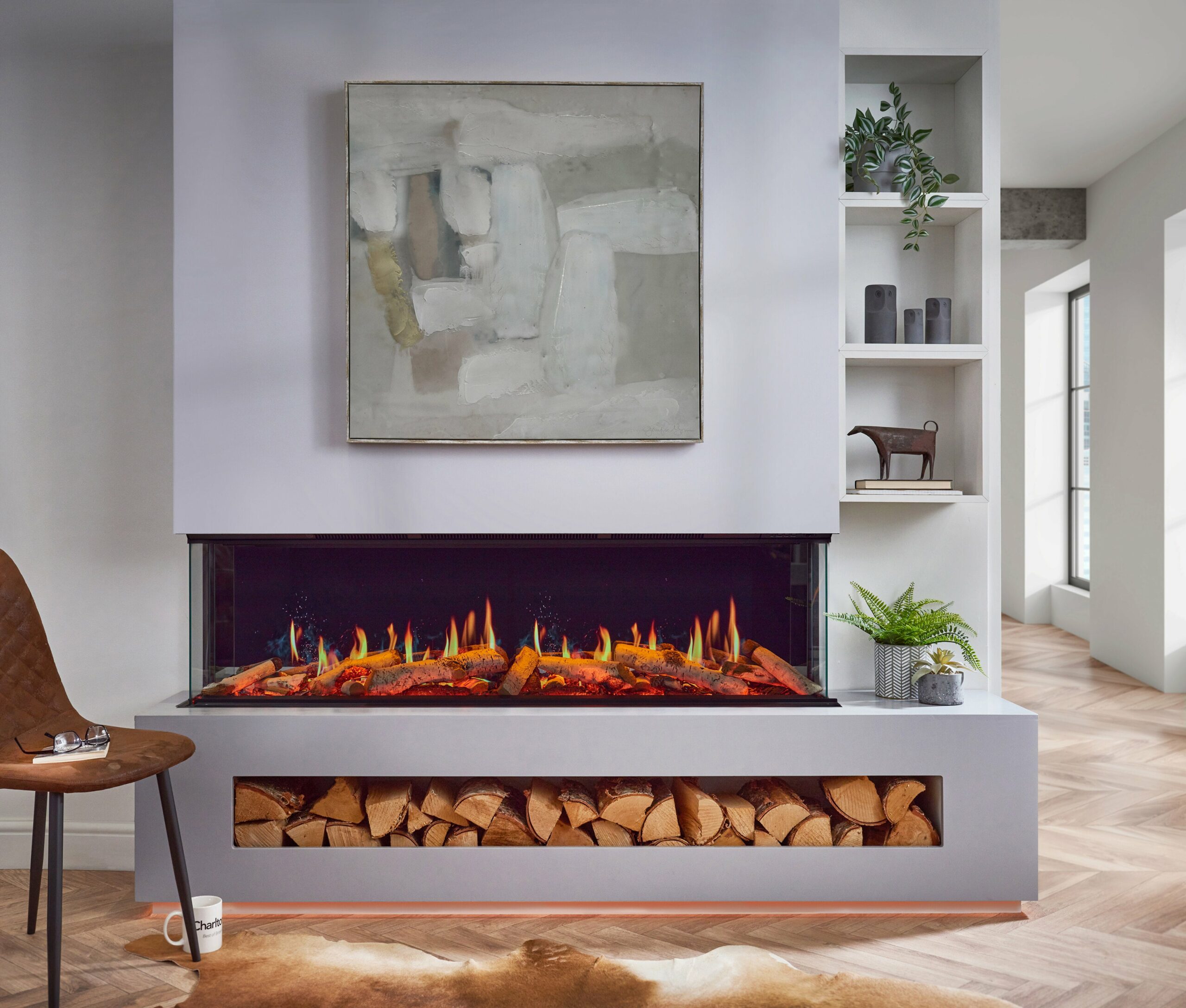 Luminosa 3 sided electric fireplace in feature wall